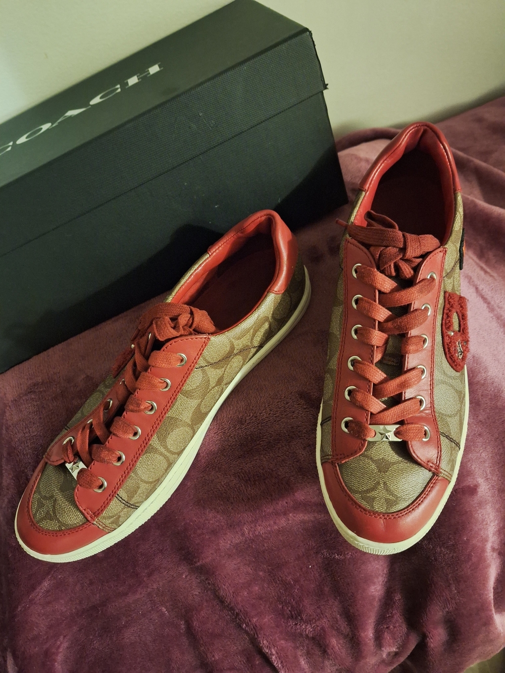 Coach Brown Monogram Sneakers with Red Leather Accents - Picture 4 of 7